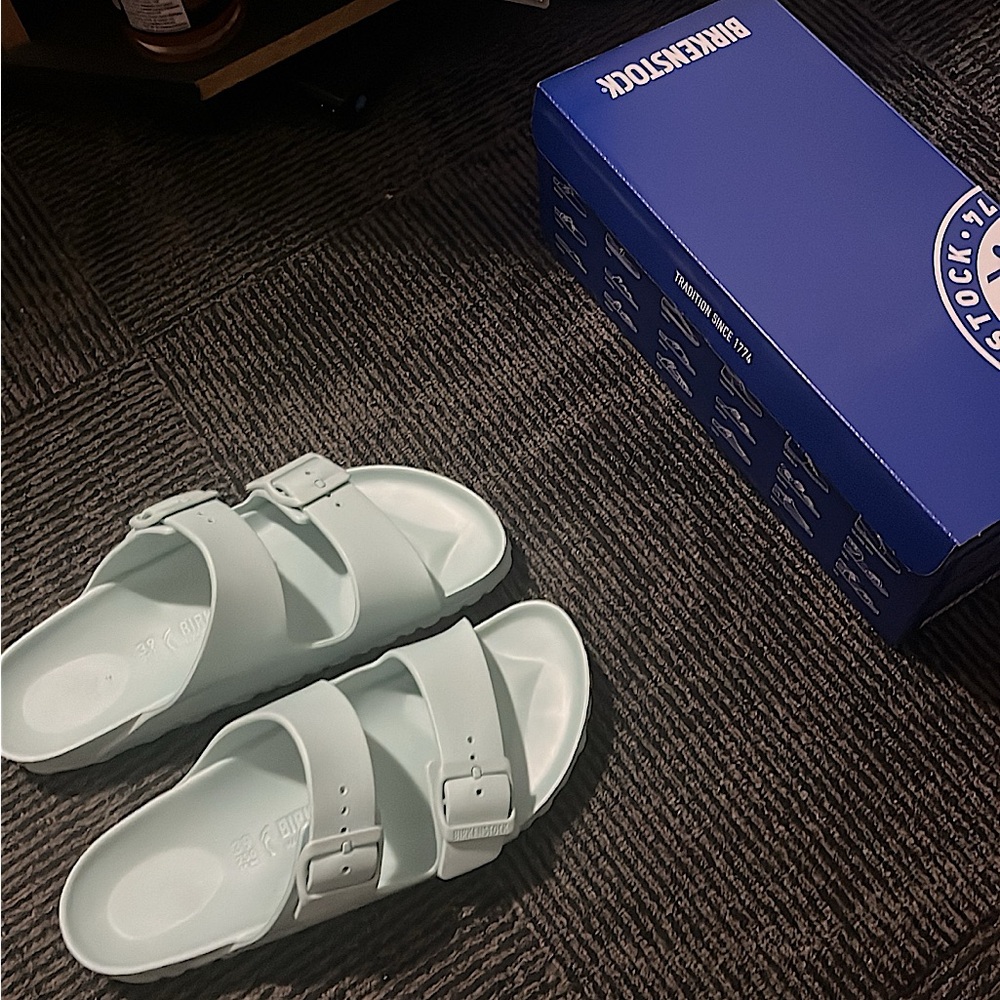 NEVER WORN LIGHT BABY BLUE BIRKENSTOCKS.
